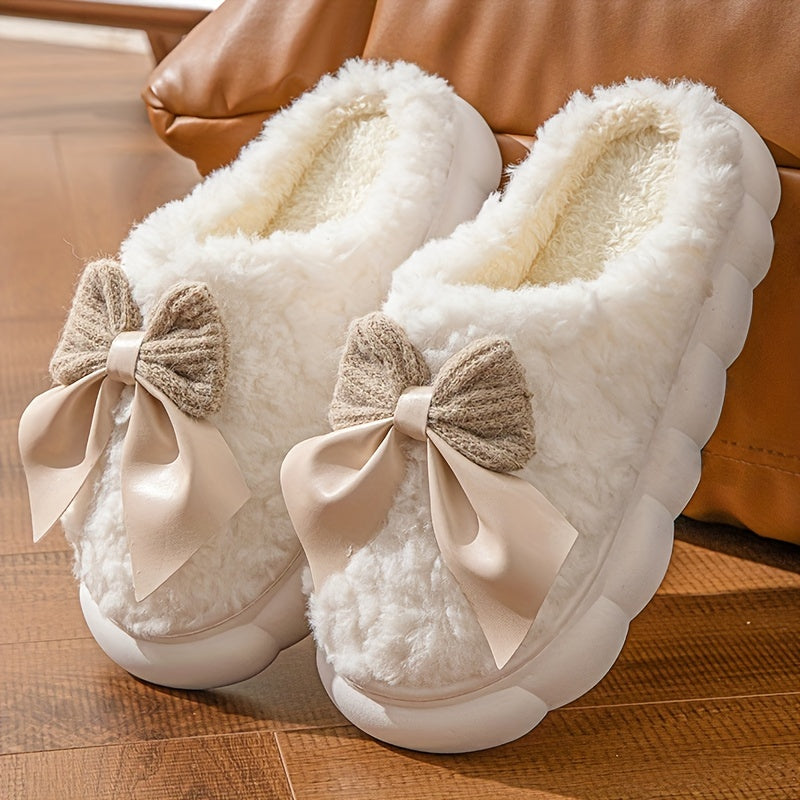 1 Pair Women's Winter Warm Plush Slippers, Casual Solid Color Bowknot Indoor House Shoes, Thick Sole Non-Slip Warm Footwear, Essential Autumn/Winter Home Slides with Superfine Fiber Insole and TPU Sole